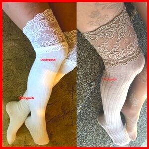 Lace Top Thigh High Socks Over The Knee Ribbed OTK White Black Beige Long Boot